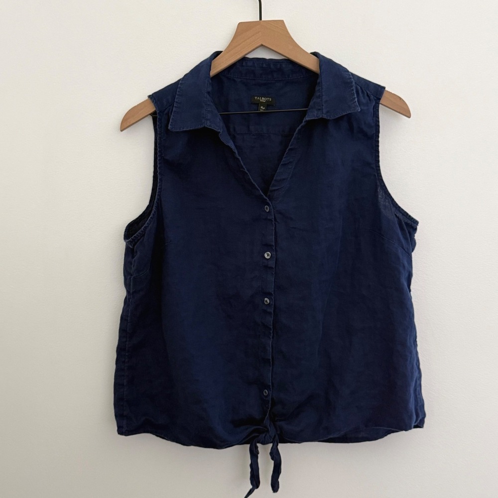 100% Linen Top Women XLp Blue Button Tie Front Coastal Quiet Luxury Parisian